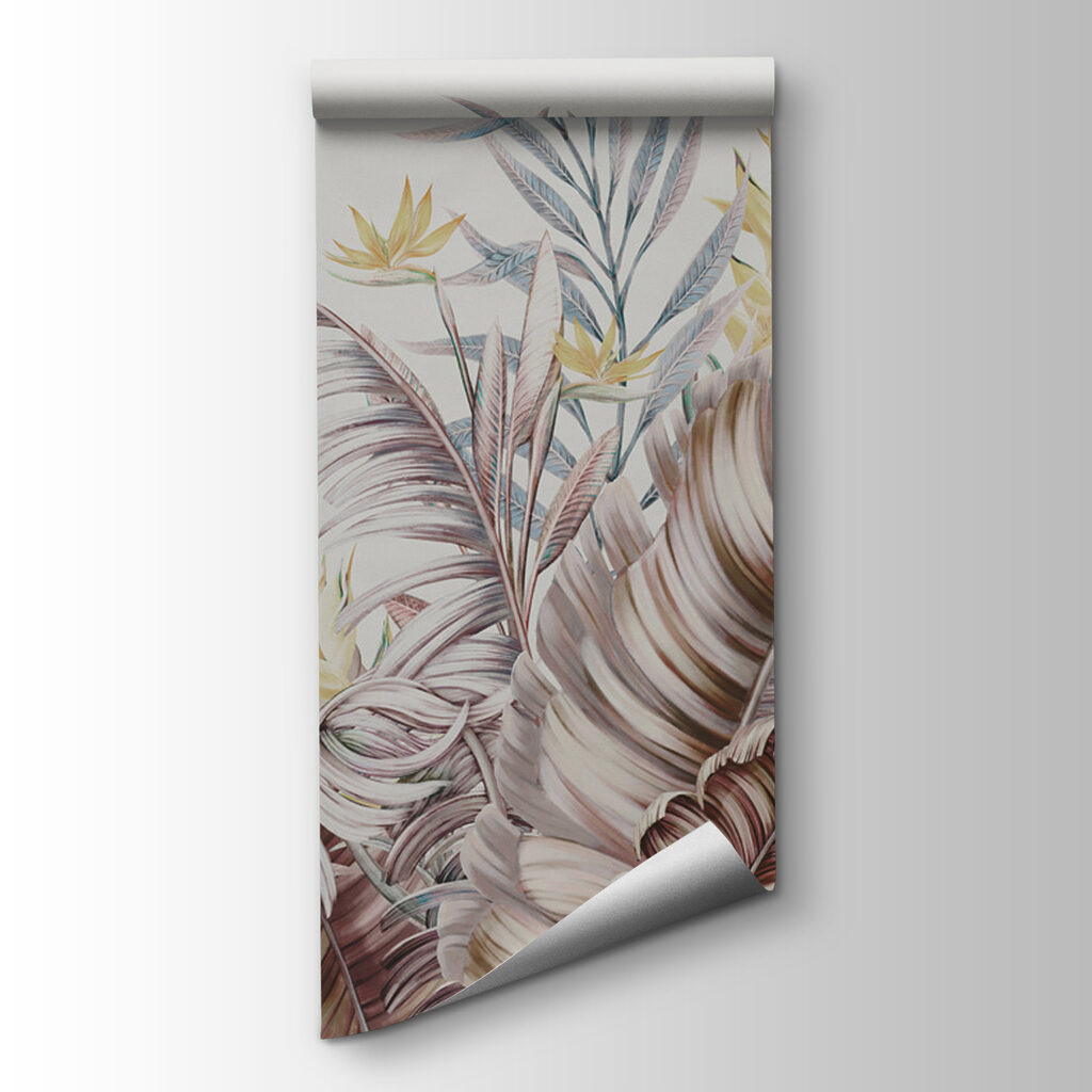 A painting of tropical plants and birds