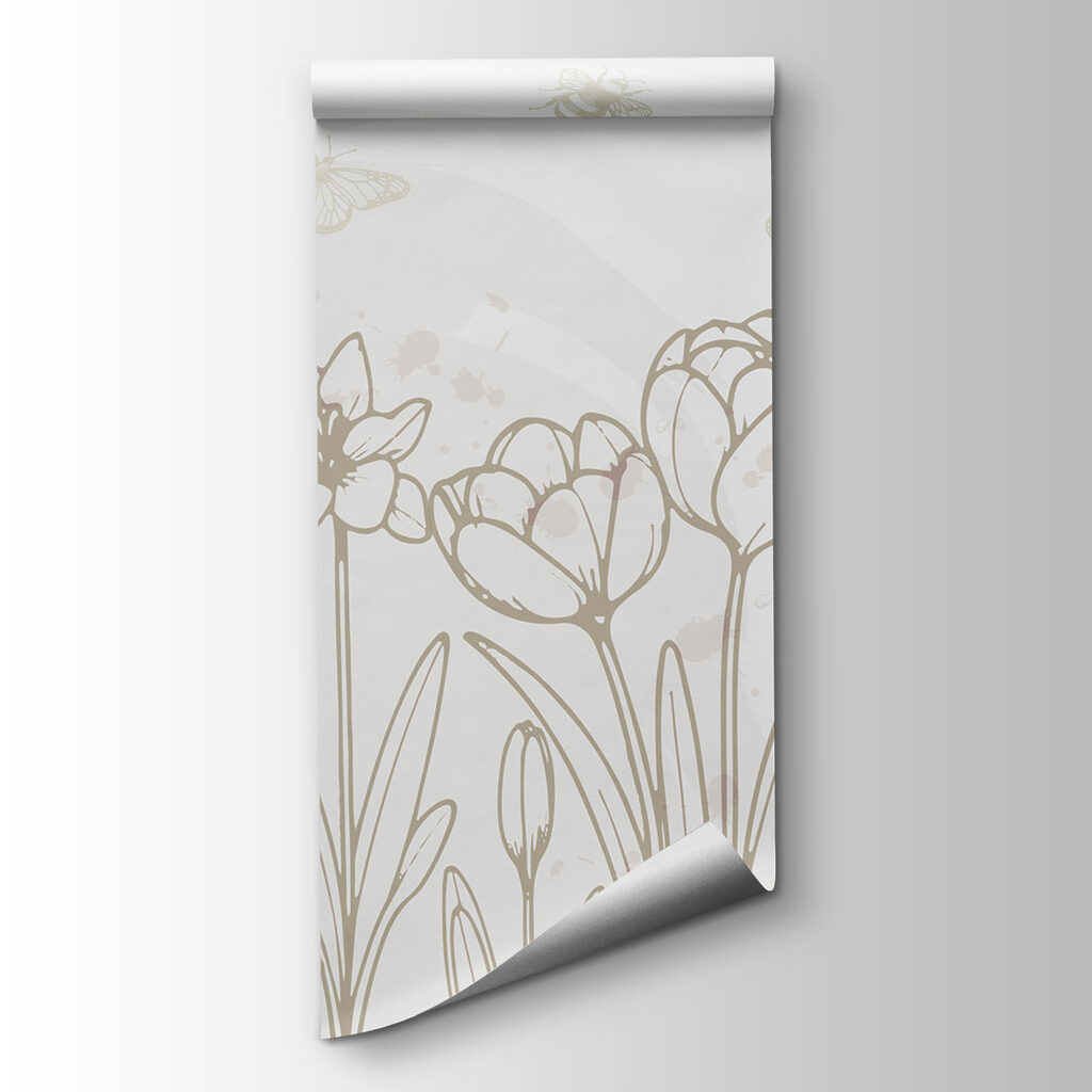 Line drawing of flowers and butterflies