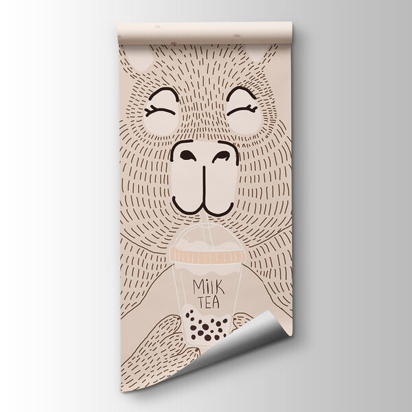 Cartoon of a bear holding a bubble tea