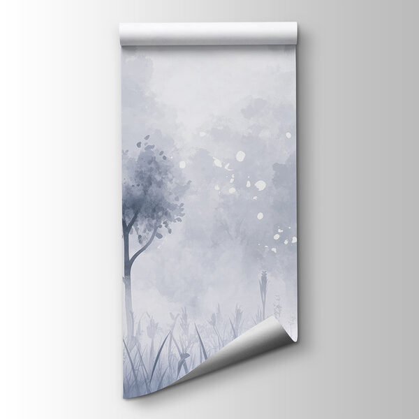 Foggy forest with trees and grass