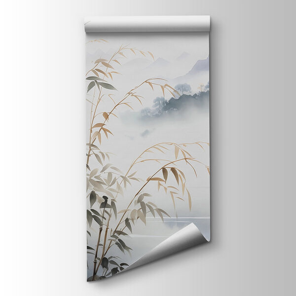 Painting of a landscape with a lake and mountains Painting of a landscape with a lake and mountains