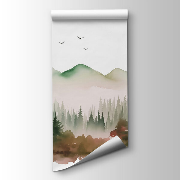 Watercolor painting of a forest and mountains