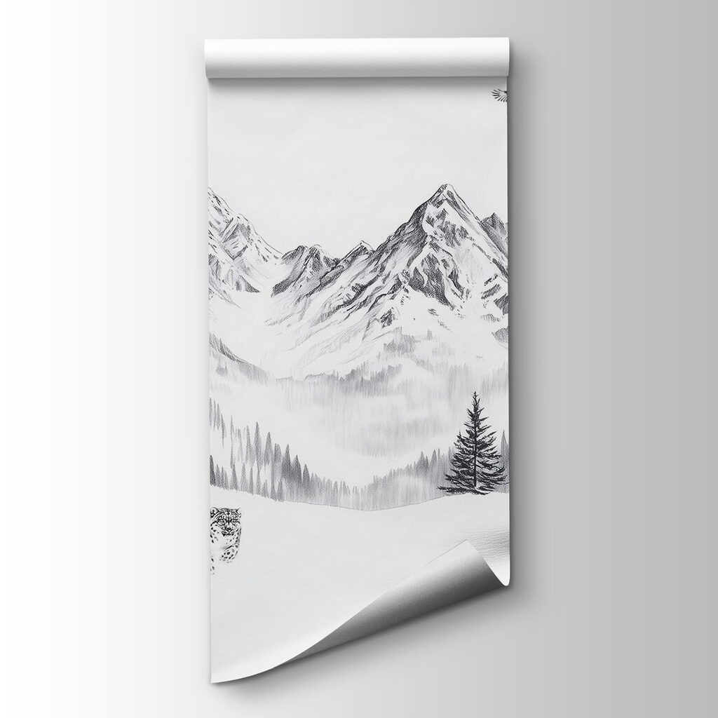 Snowy mountain landscape with trees and a bird flying over it