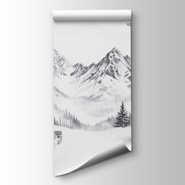 Snowy mountain landscape with trees and a bird flying over it