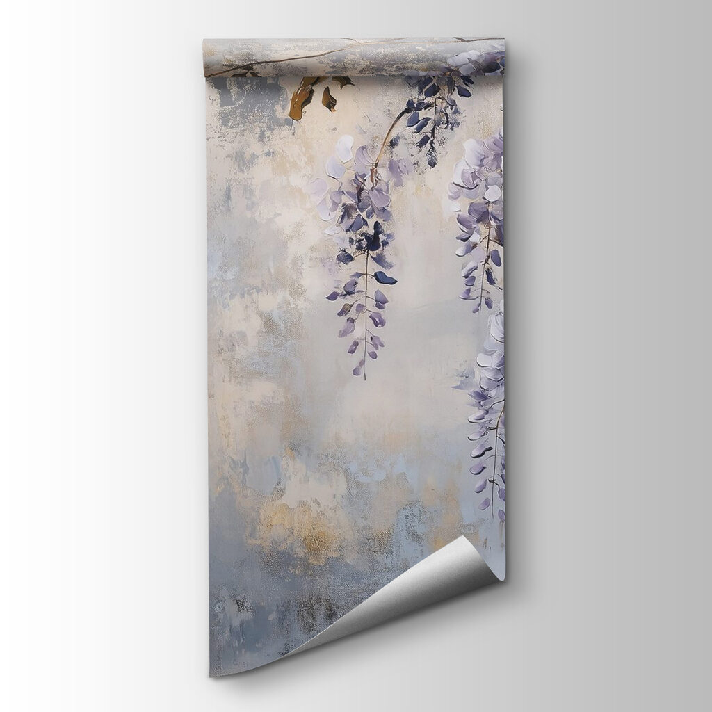 Painting of a branch with purple flowers