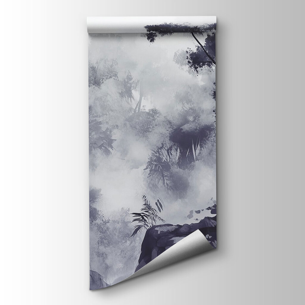 Foggy forest with trees and rocks