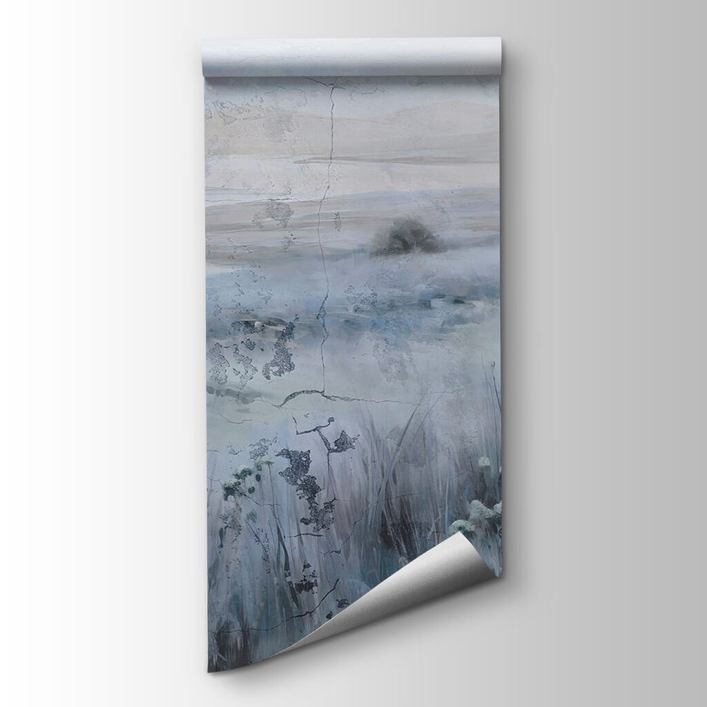 Painting of a field of grass and a river