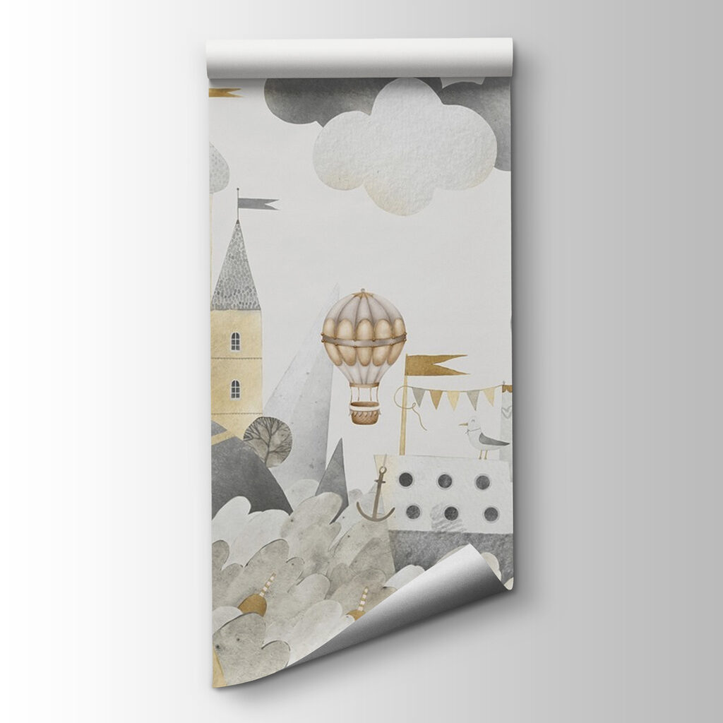 Watercolor painting of a castle and hot air balloons