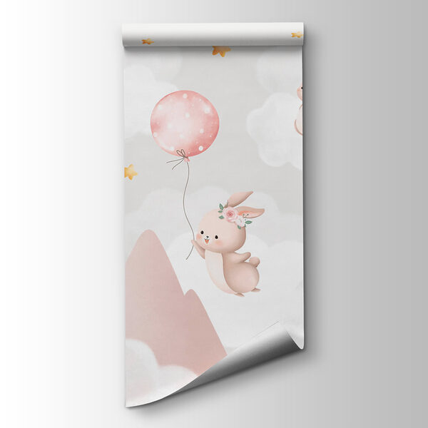 Group of bunnies holding balloons in the sky