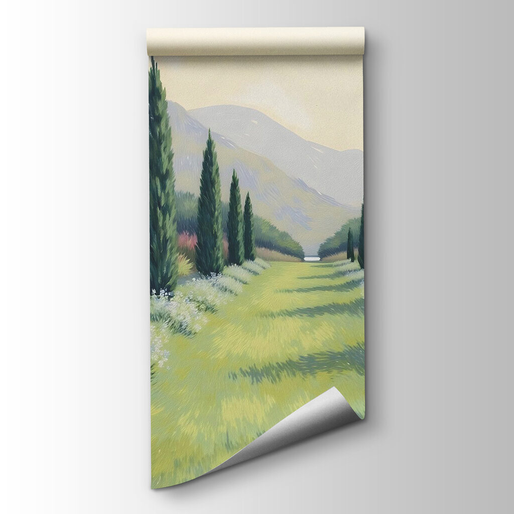 Painting of a landscape with trees and flowers