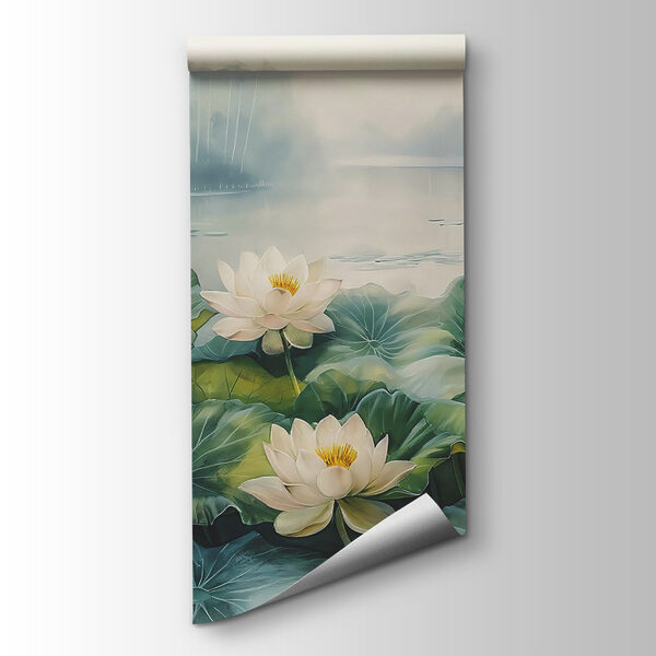 Painting of a pond with white flowers and green leaves Painting of a pond with white flowers and green leaves