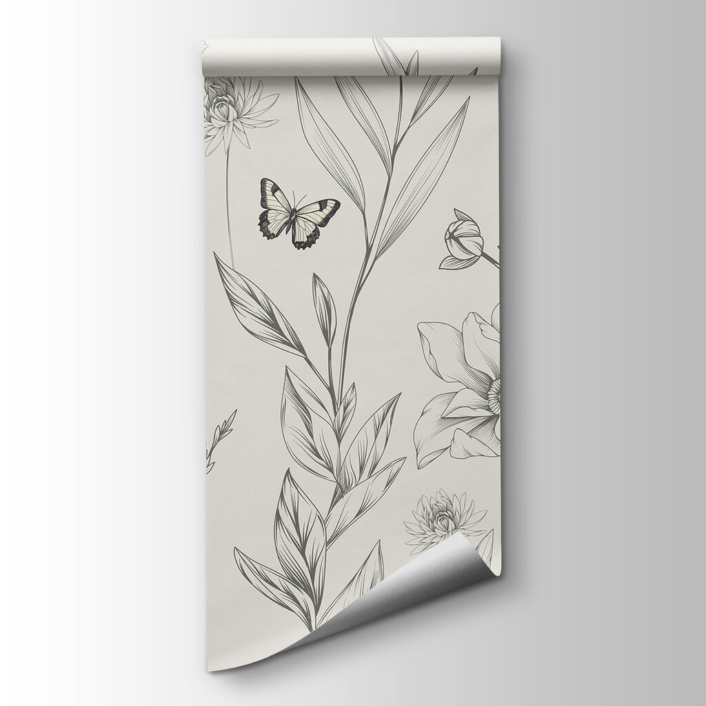 Wallpaper with flowers and butterflies