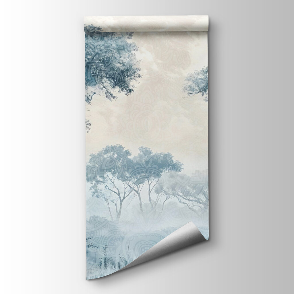 Foggy landscape with trees and plants