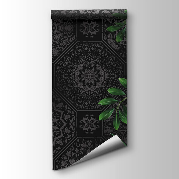 Black and grey wallpaper with green leaves