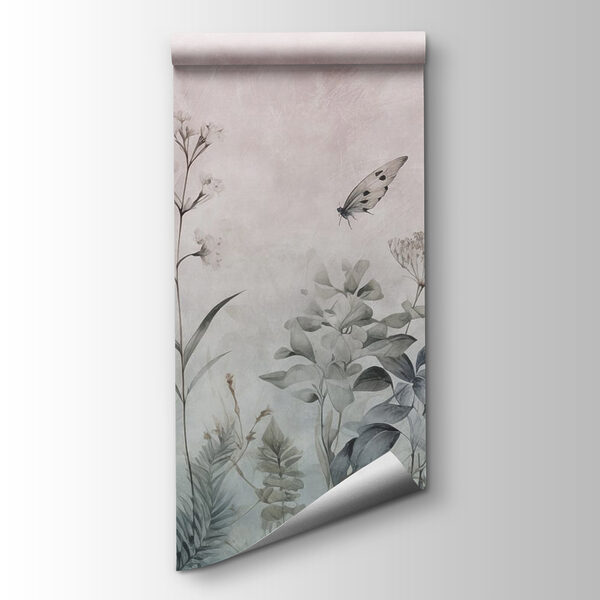Wallpaper with butterflies and plants
