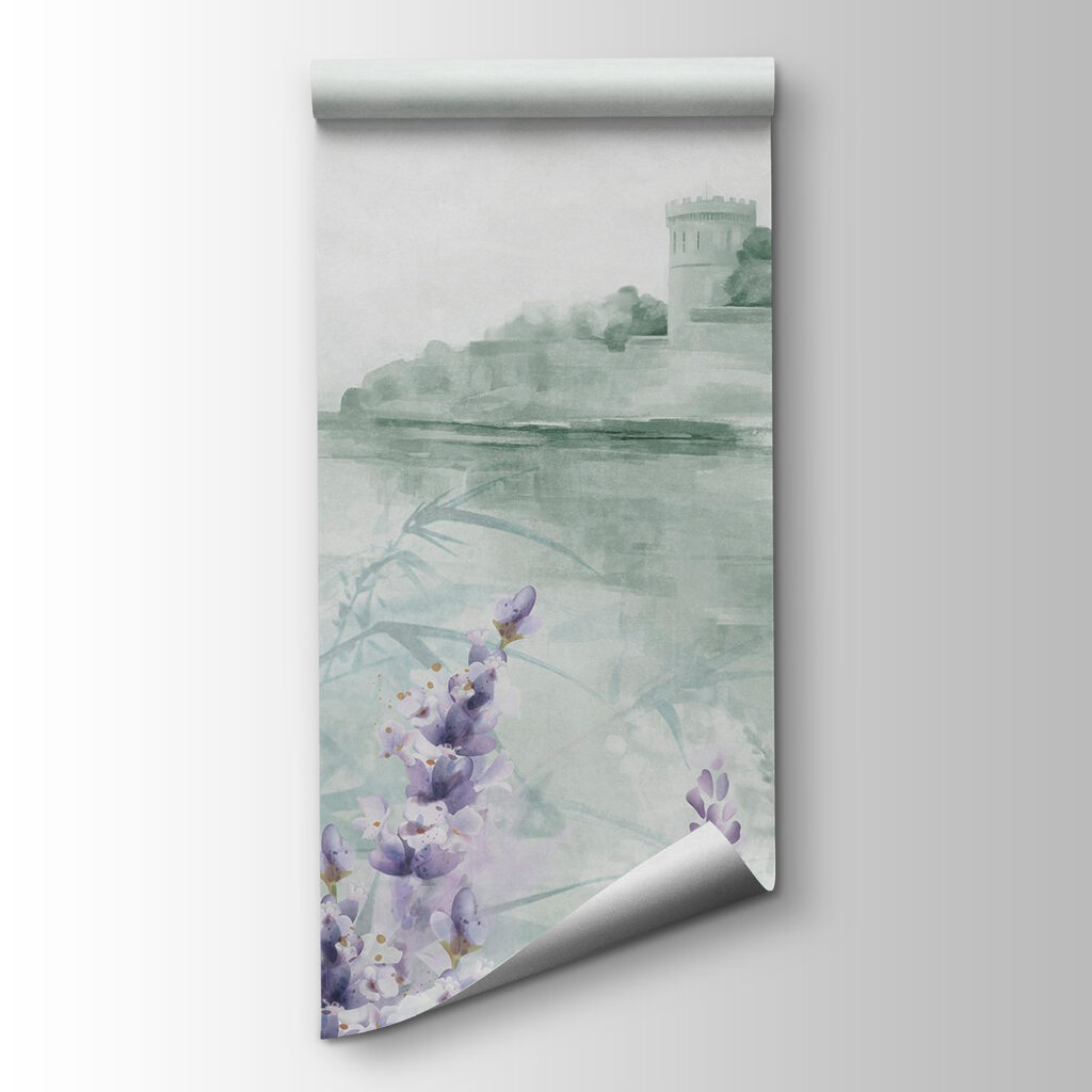 Watercolor painting of a castle and flowers