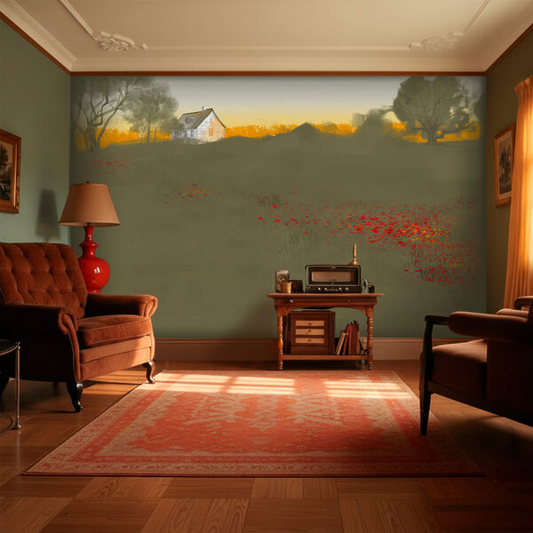 Wall murals Field of red flowers with a house in the background (SKU: t00525) Wall murals Wall murals Field of red flowers with a house in the background (SKU: t00525)