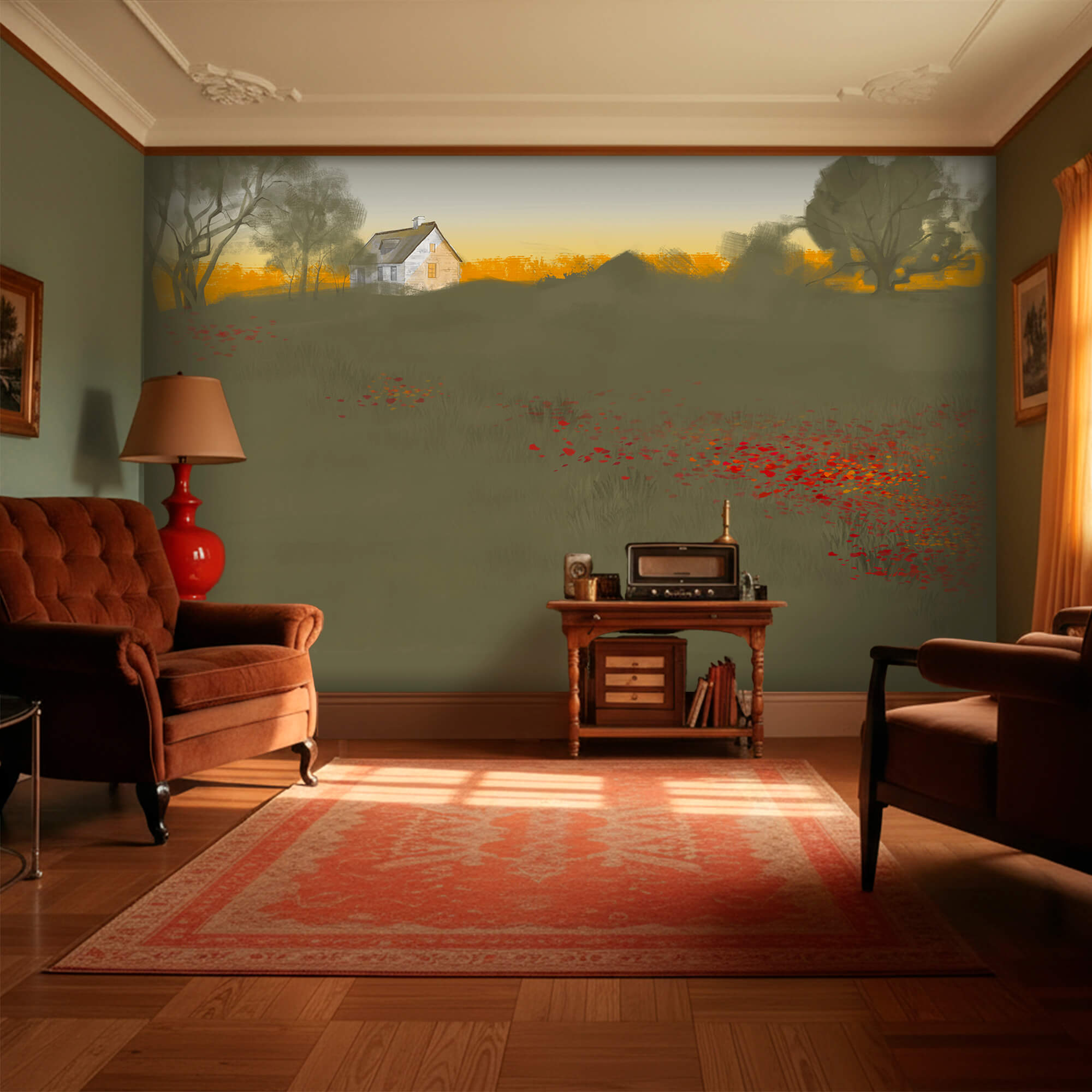 Field of red flowers with a house in the background