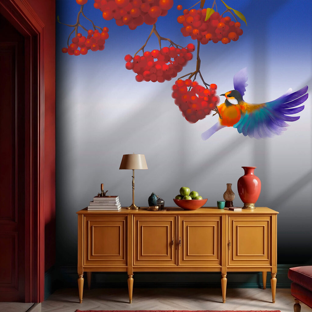 Bird eating a bunch of red berries