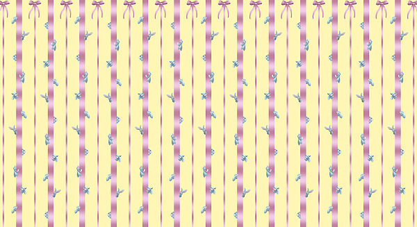 Pink and yellow striped background with birds and bows