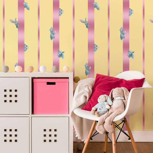 Pink and yellow striped background with birds and bows