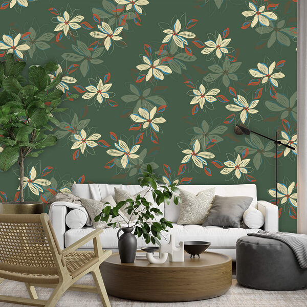 Wall murals Pattern of white flowers and red leaves on a green background (SKU: t00484) Wall murals Wall murals Pattern of white flowers and red leaves on a green background (SKU: t00484)