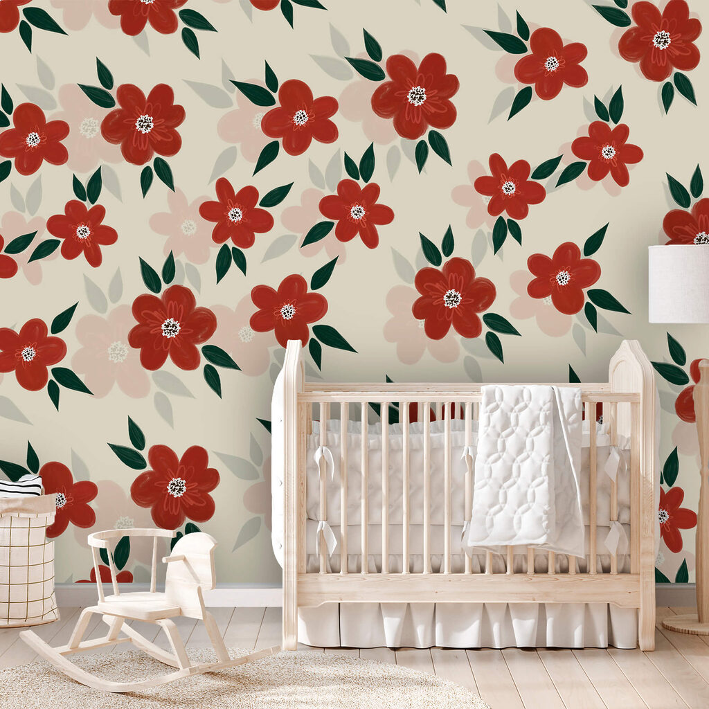 Pattern of red flowers and green leaves