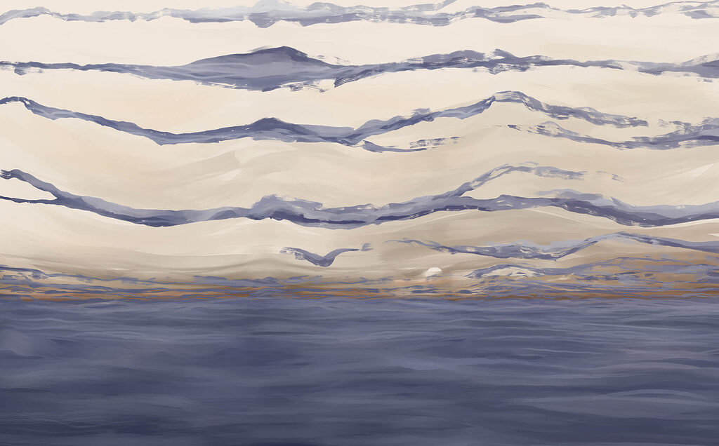 Water with waves and birds flying