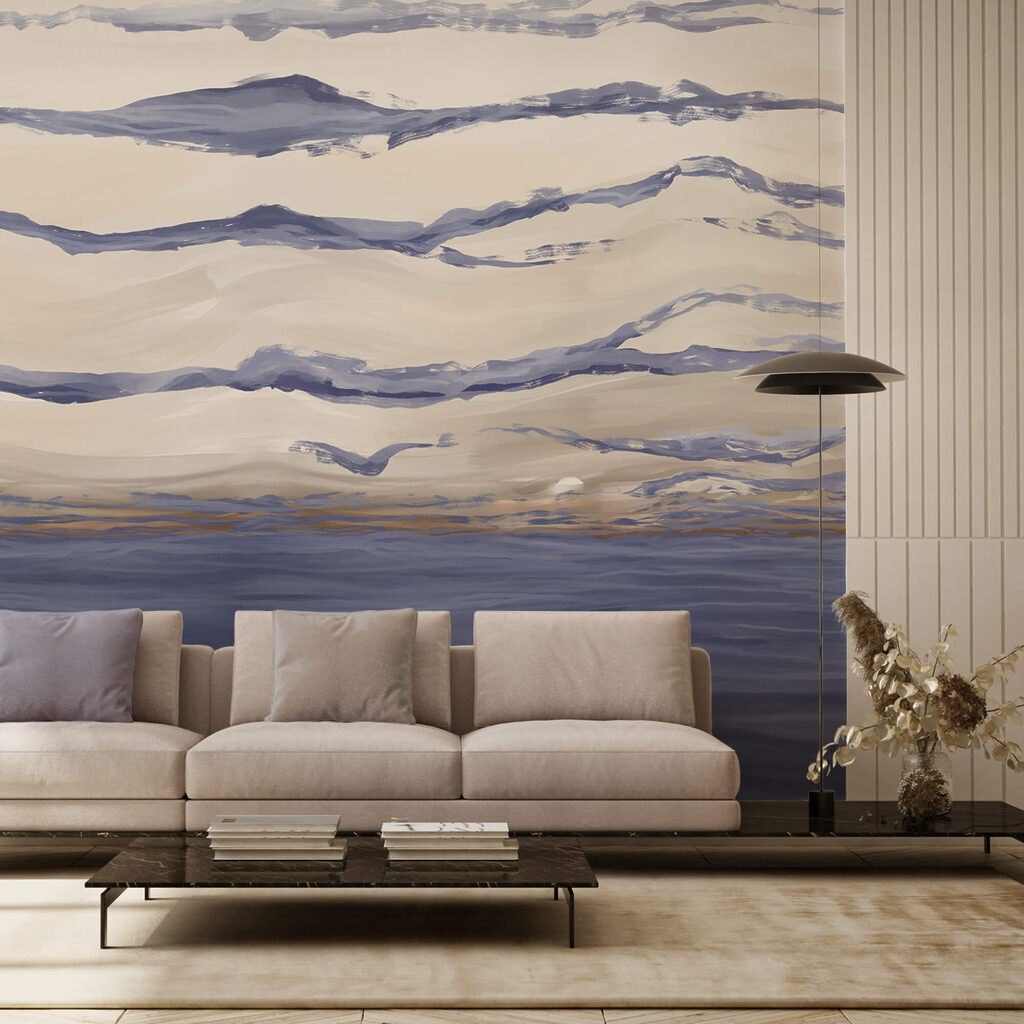 Water with waves and birds flying