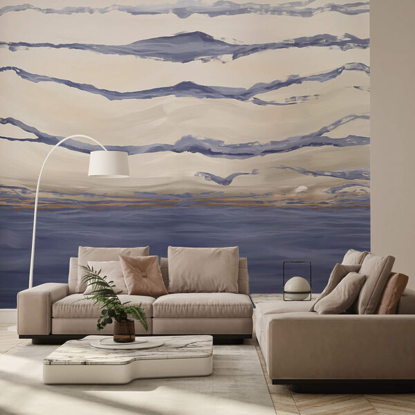 Water with waves and birds flying