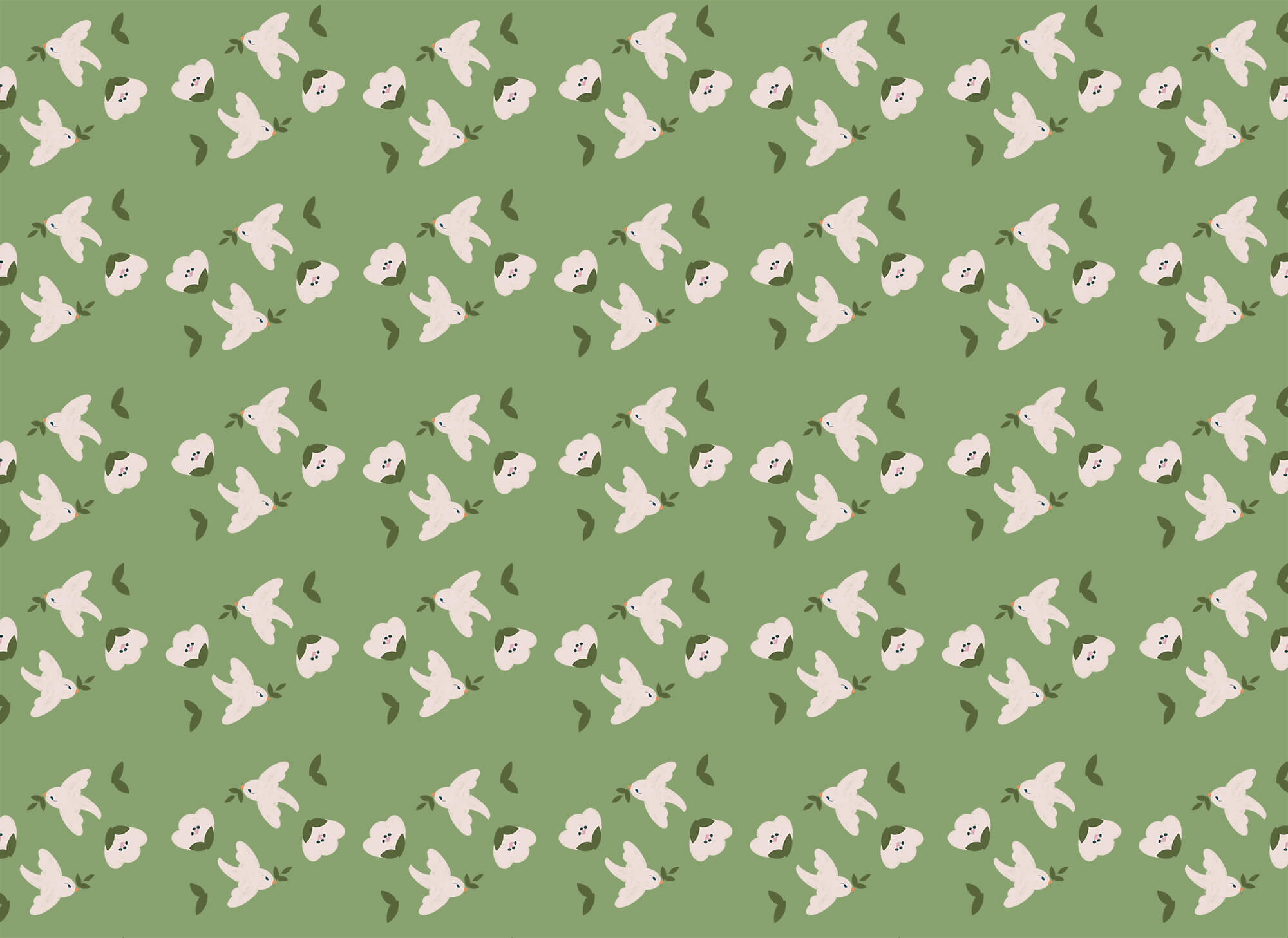 Pattern of white birds and green leaves