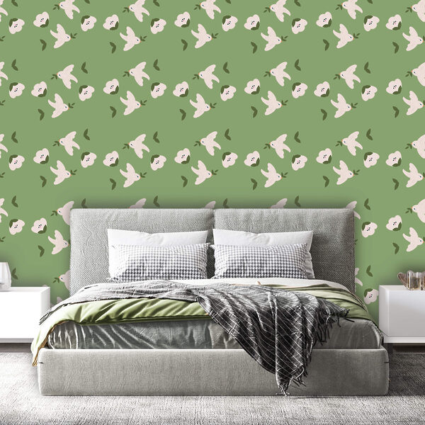 Wall murals Wall murals Pattern of white birds and green leaves (SKU: t00581)