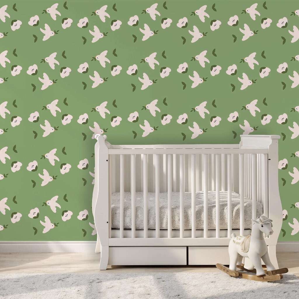 Pattern of white birds and green leaves