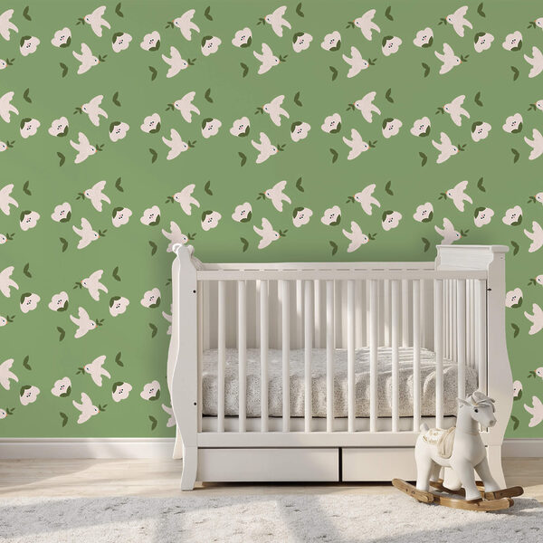 Pattern of white birds and green leaves