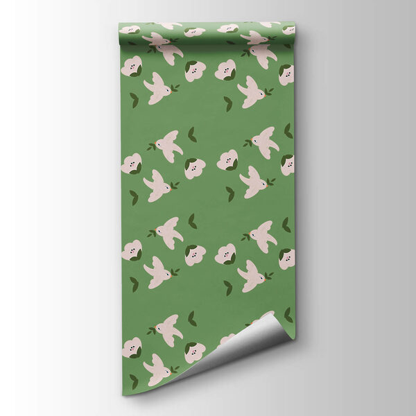 Pattern of white birds and green leaves