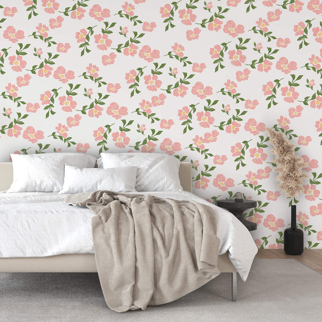 Pattern of pink flowers and green leaves