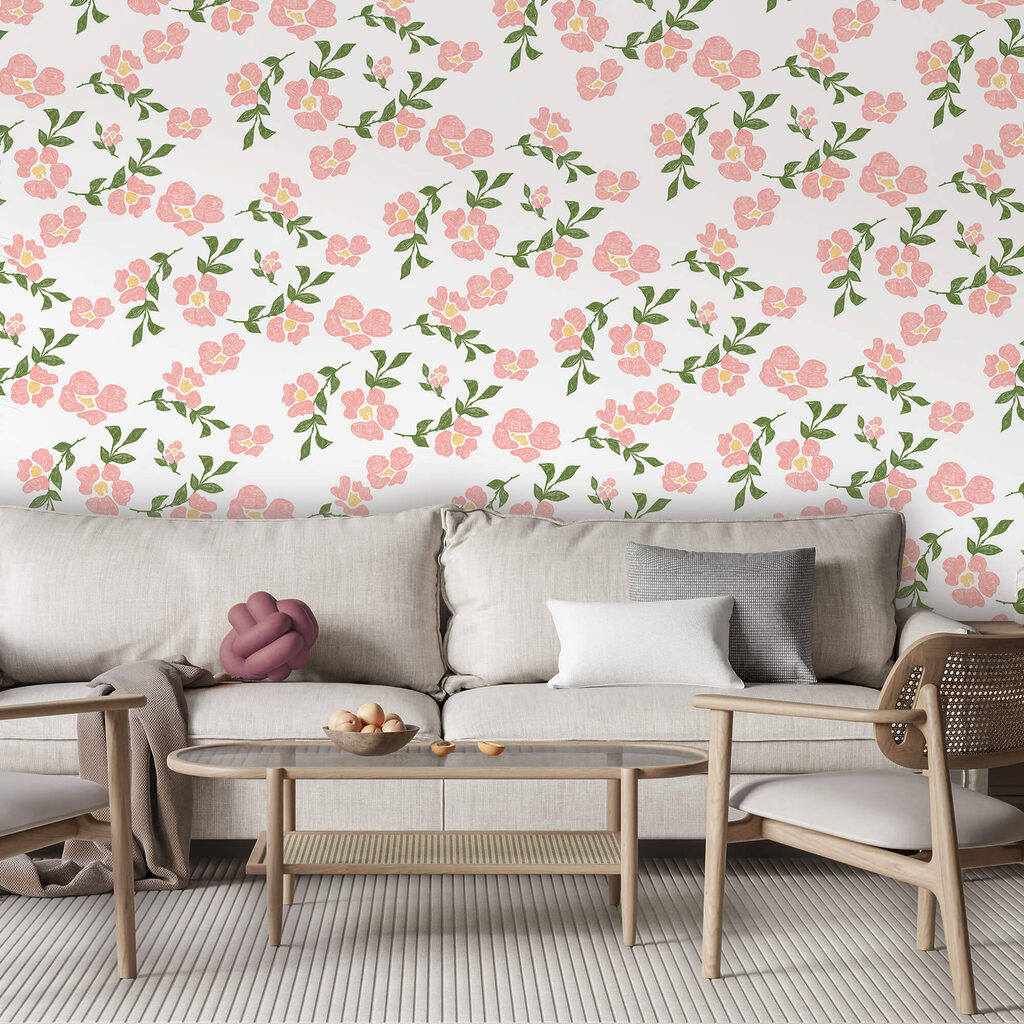 Pattern of pink flowers and green leaves