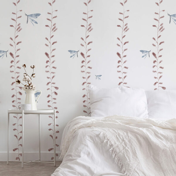 Wallpaper with dragonflies and leaves