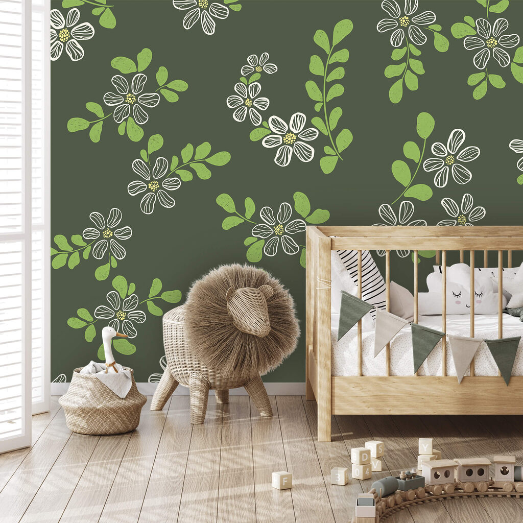 Pattern of white flowers and green leaves