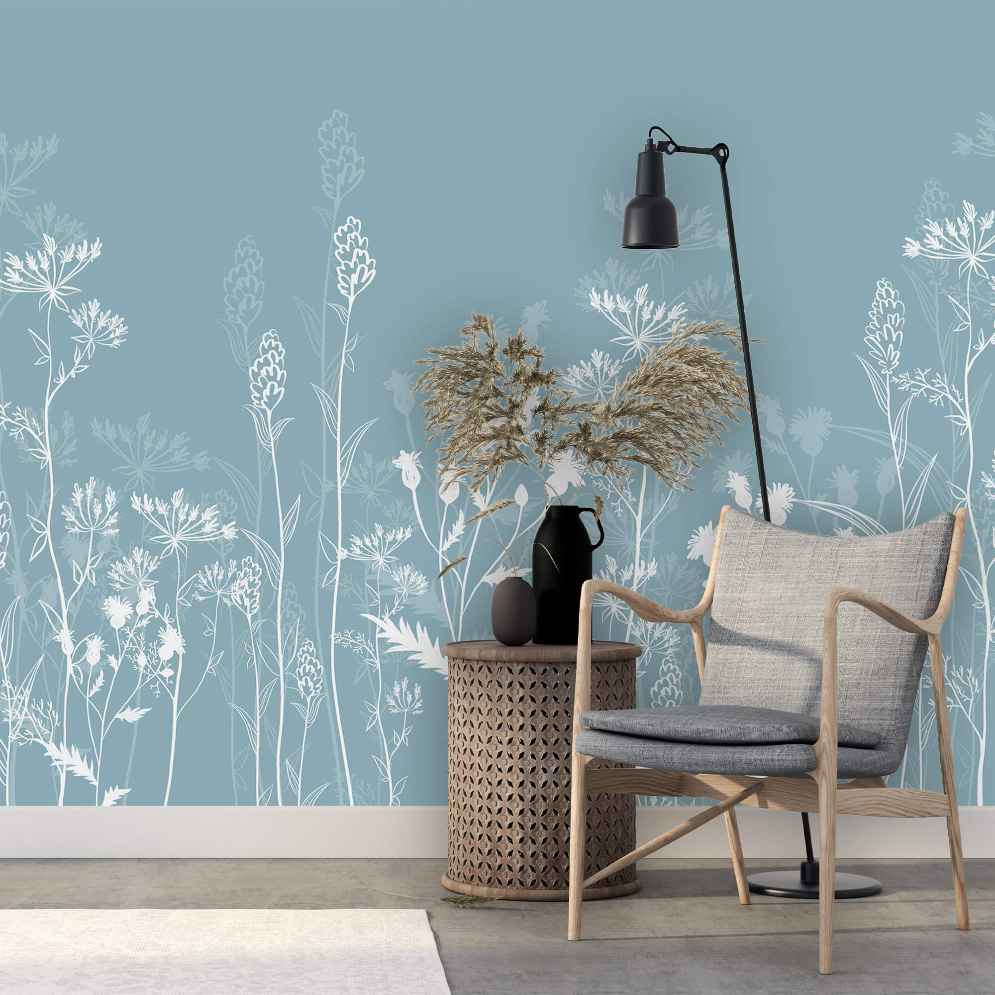 White flowers on a blue background