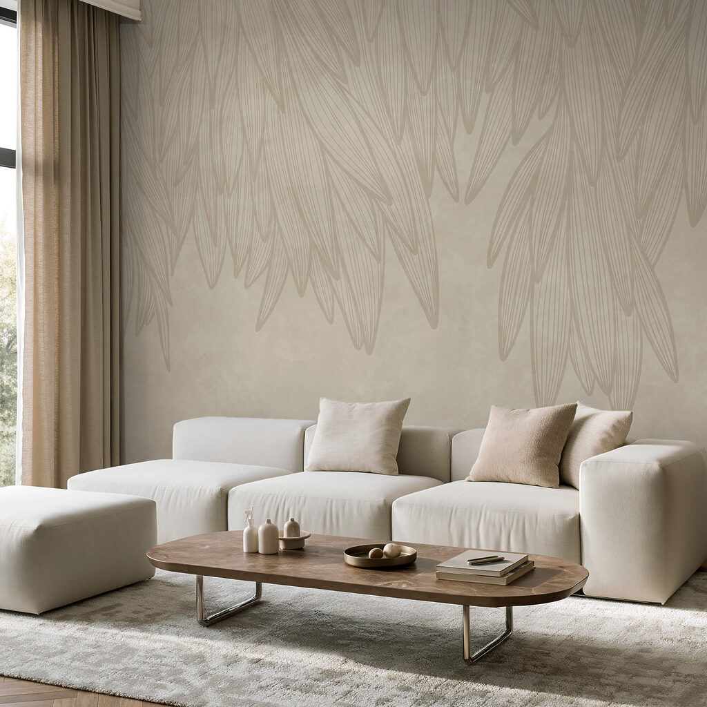 White and tan background with leaves