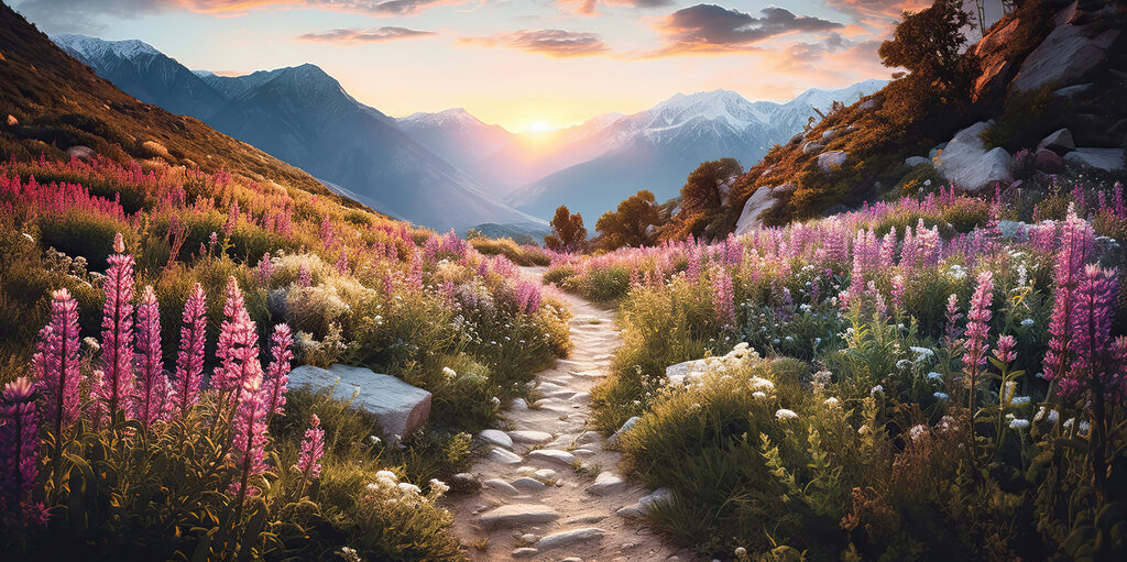 Path through a mountain with flowers Path through a mountain with flowers