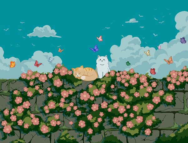 Cartoon of cats and butterflies on a bush Cartoon of cats and butterflies on a bush