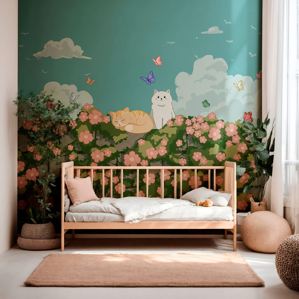 Cartoon of cats and butterflies on a bush Cartoon of cats and butterflies on a bush