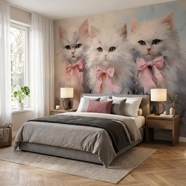 Wall mural Wall mural Group of white cats with pink bows (SKU: t00699)