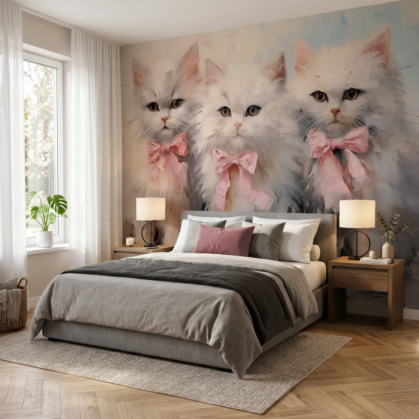 Group of white cats with pink bows
