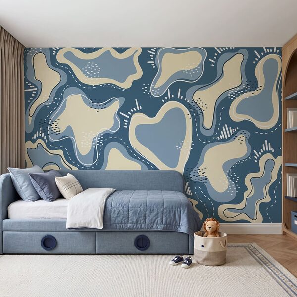 Blue and white background with white and yellow shapes
