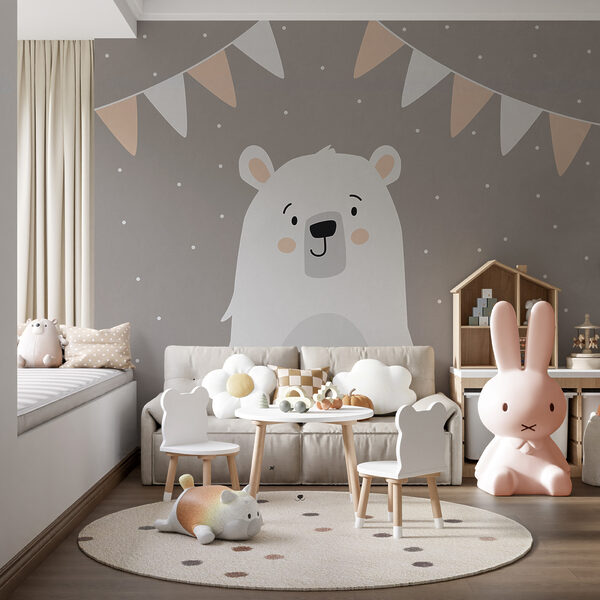 White bear with a garland of flags