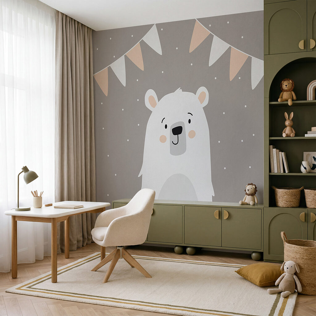 White bear with a garland of flags