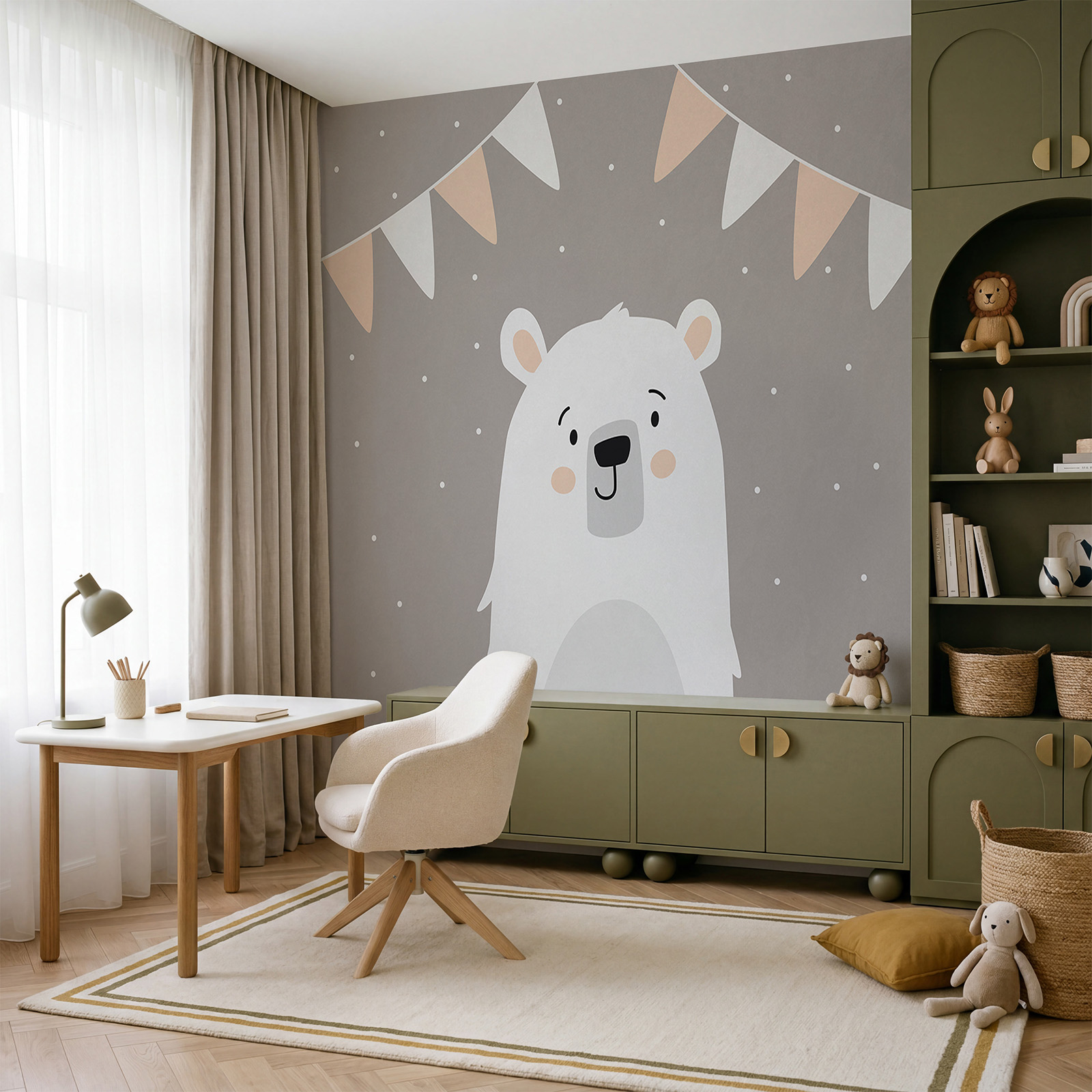 White bear with a garland of flags
